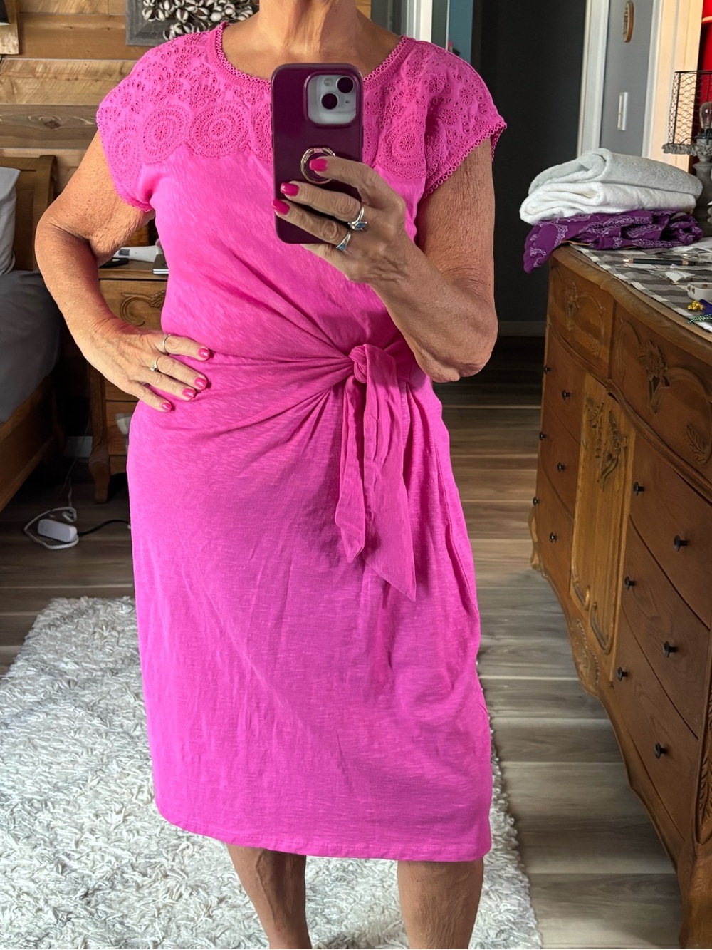 Talbots Bright Pink Tie-Waist Lace Yoke Women's Dress